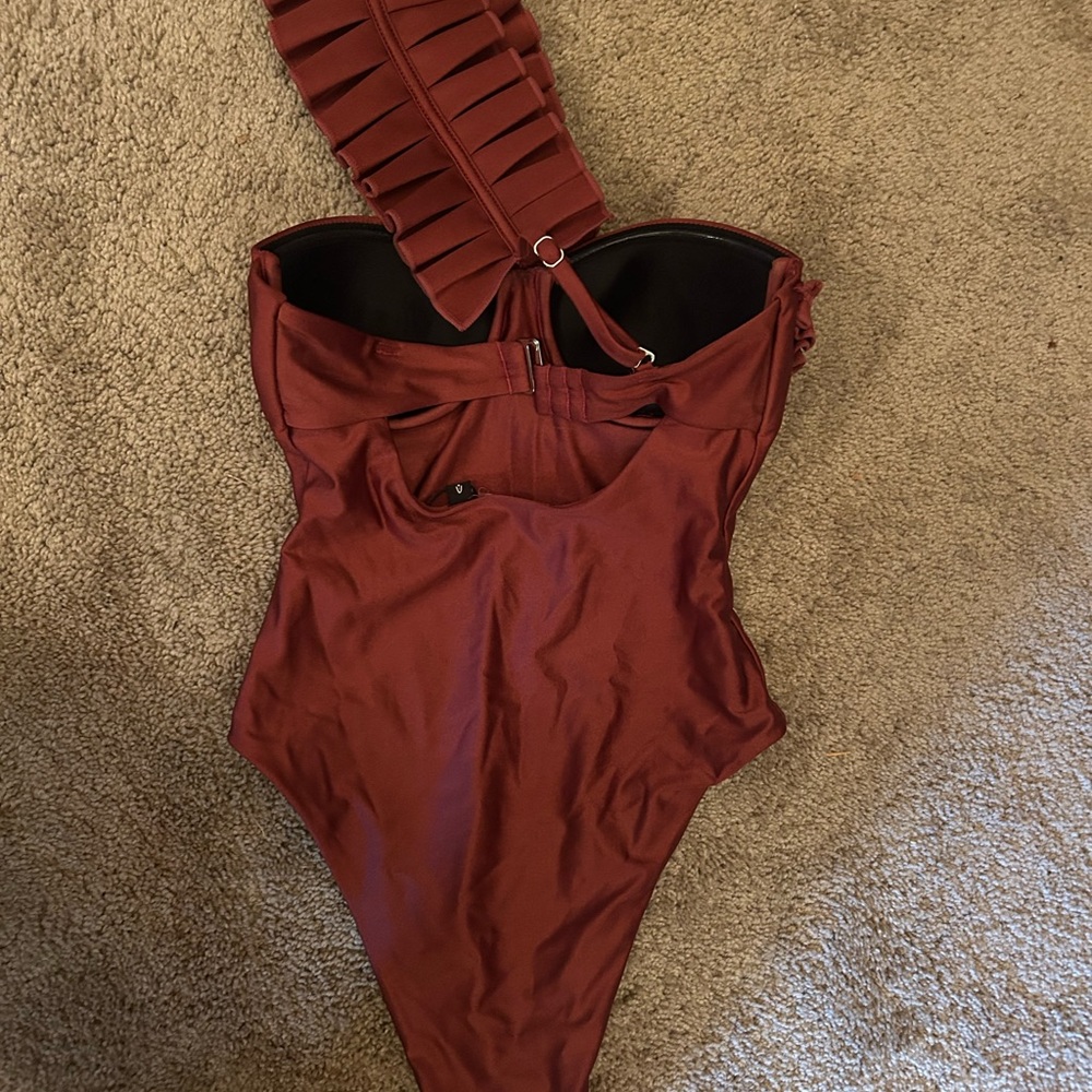 Andrea Iyamah Rust One-Shoulder Ruffle One Piece - Picture 2 of 7